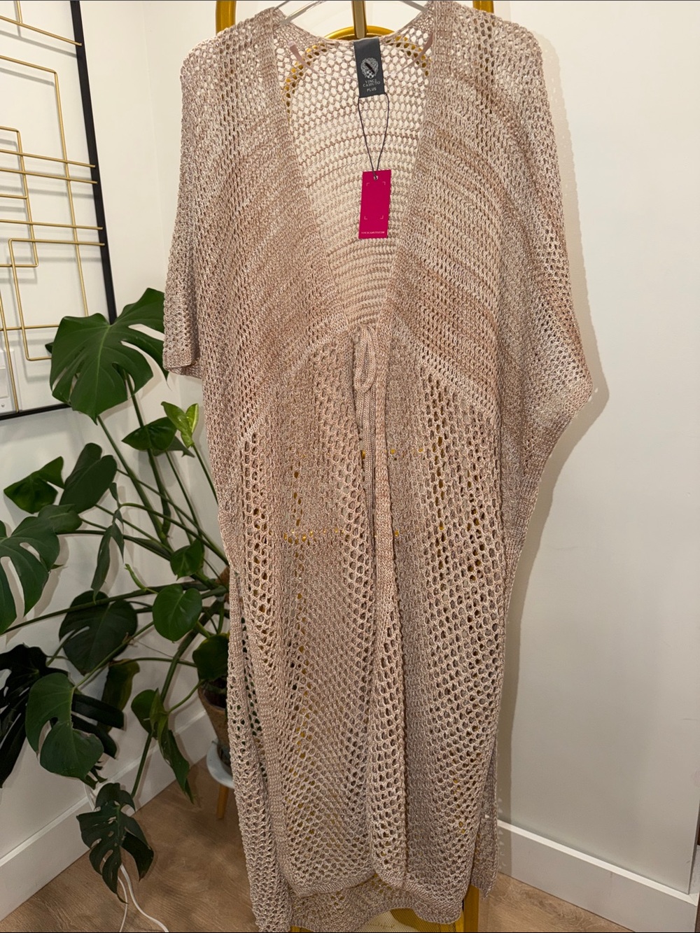 Vince Camuto Open-Knit Taupe Drawstring Cardigan